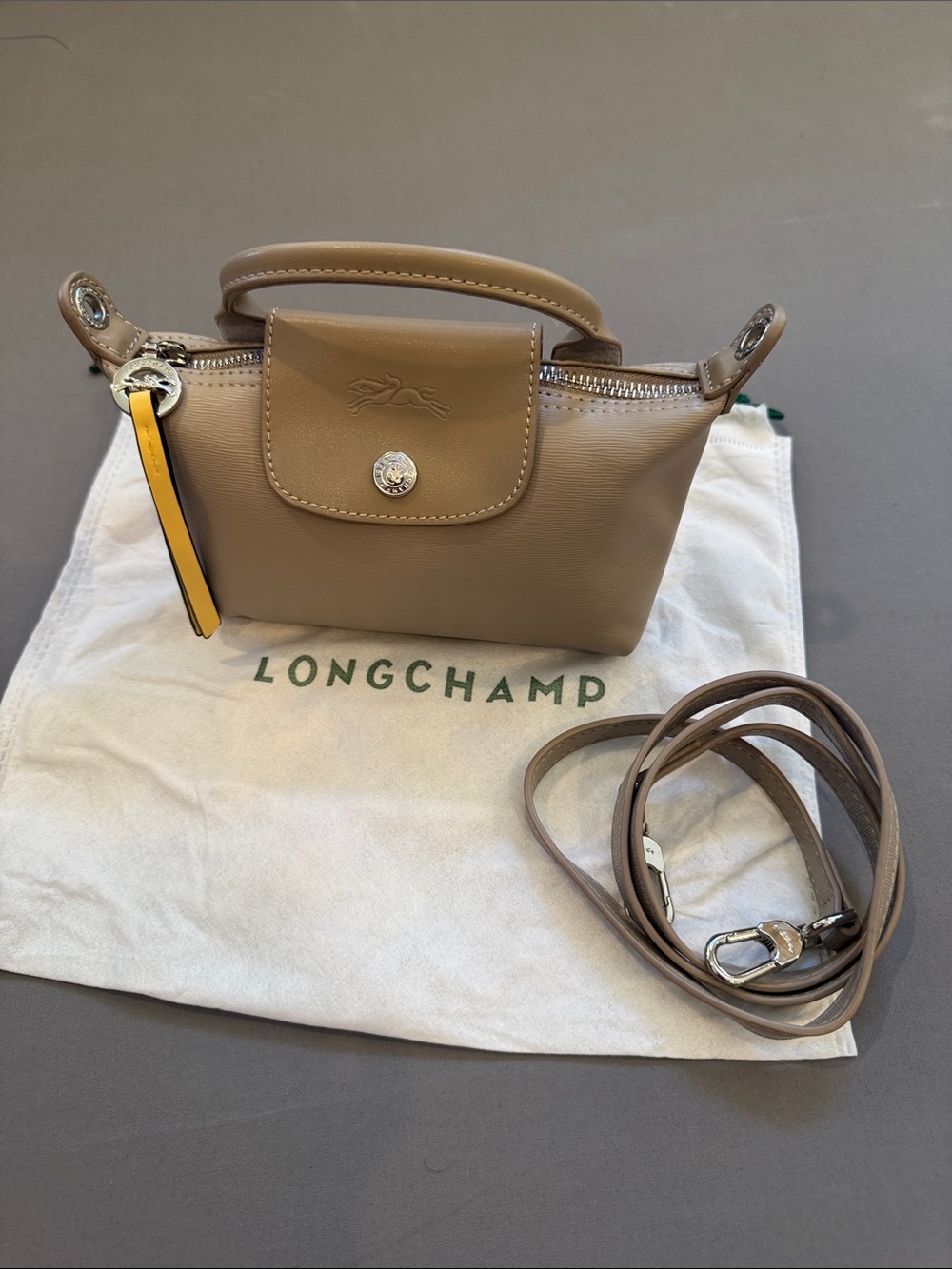 Longchamp Taupe Mini Le Pliage Cuir Top-Handle Crossbody